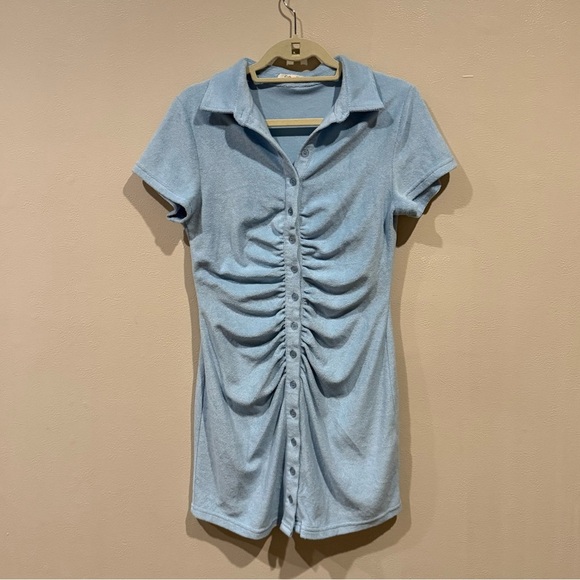 gab kate Dresses & Skirts - Gab Kate Light Blue Ruched Button-Up Dress